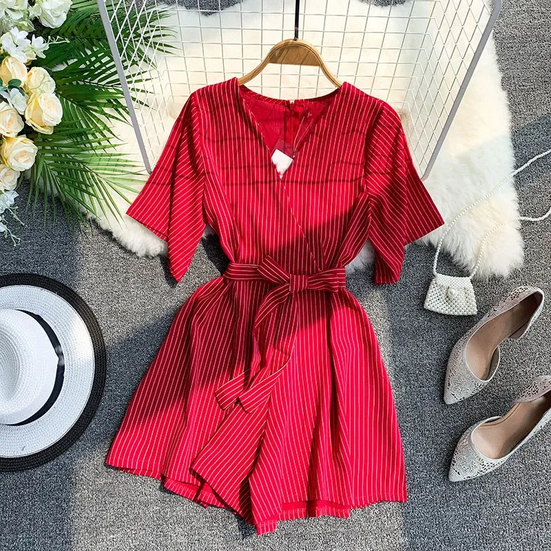 Elegant Shorts Striped Playsuits Women V-neck Short Sleeve Belted Sexy Rompers Casual Vintage Beach Jumpsuits Elegant Shorts Striped Playsuits Women V-neck Short Sleeve Belted Sexy Rompers Casual Vintage Beach Jumpsuits