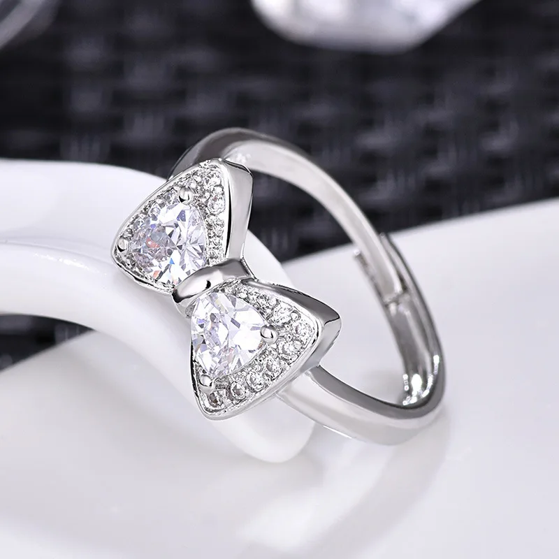 

Bow Knot Cubic Zirconia Rings For Women 925 Wedding Ring Silver Color Crystal Original Jewelry Stackable Adjustable Ring