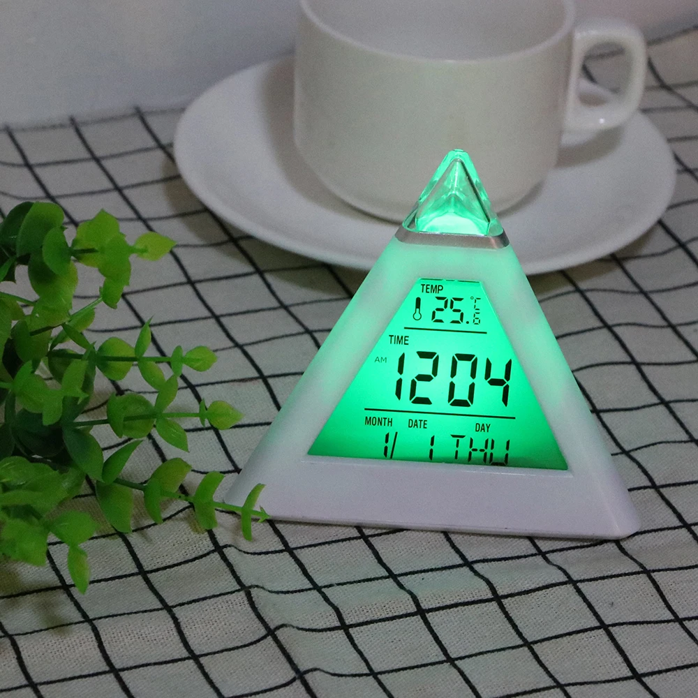 

Digital Alarm Clock Thermometer Backlight Change Clock Perpetual Calendar Colorful Cone Pyramid Style Home Decoration Random