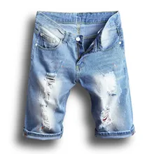 Для мужчин стильные рваные байкерские джинсы новые модные летние свободные прямые с бахромой длина до колена джинсовые пляжные брюки
