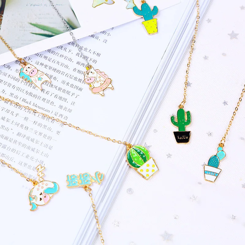 Книга с милым единорогом Kawaii кактус Золотая фольга металлические подвески