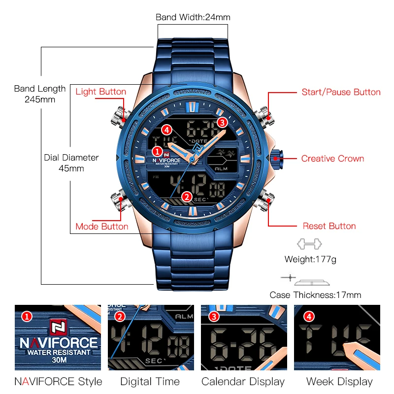 NAVIFORCE Для мужчин Watch Sport s часы человек кварцевые светодиодный цифровые Мужской