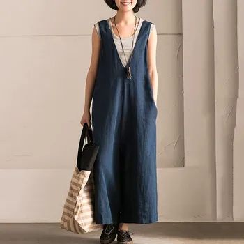 

2019 Women Wide Leg Trouser Vintage Overalls Sleeveless Solid Strappy Jumpsuit Loose Rompers Plus Size Jumpsuits