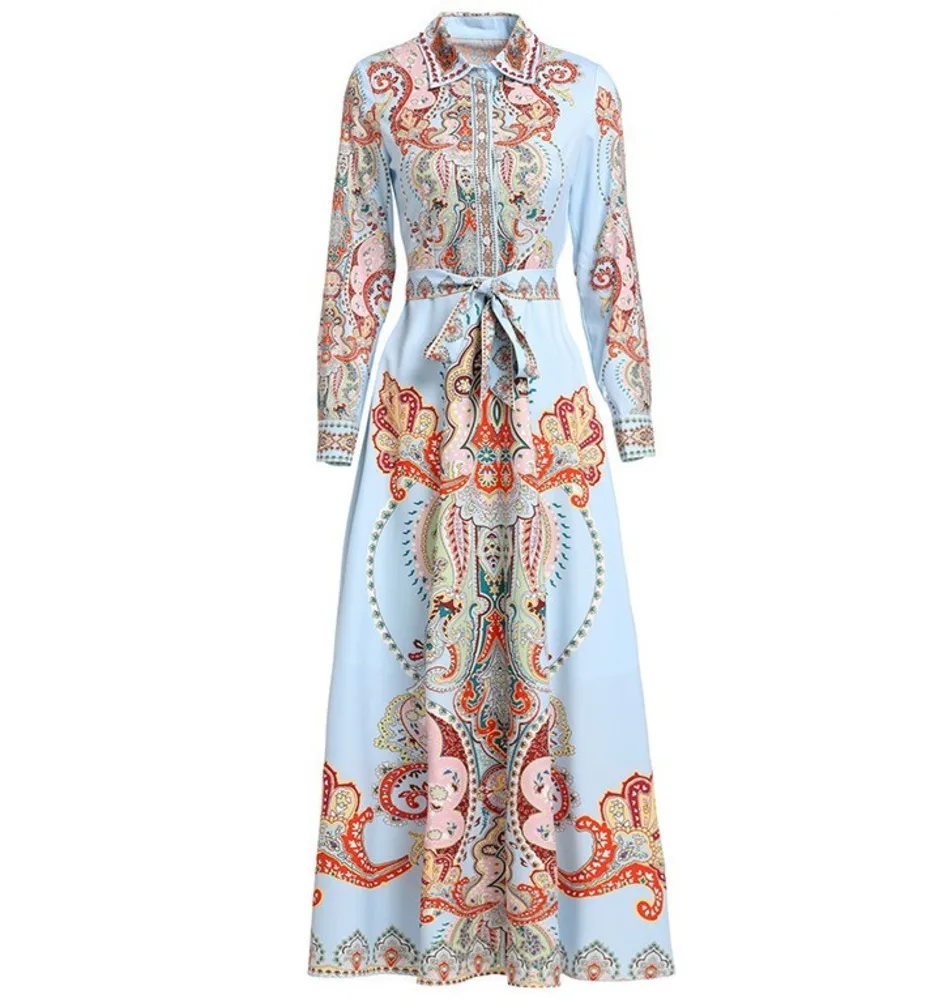 

Runway Blue Shirt Dress Women Print 2019 Summer Autumn Turn Down Collar Laces Up Floor-length Long Sleeve Floral Maxi Dress
