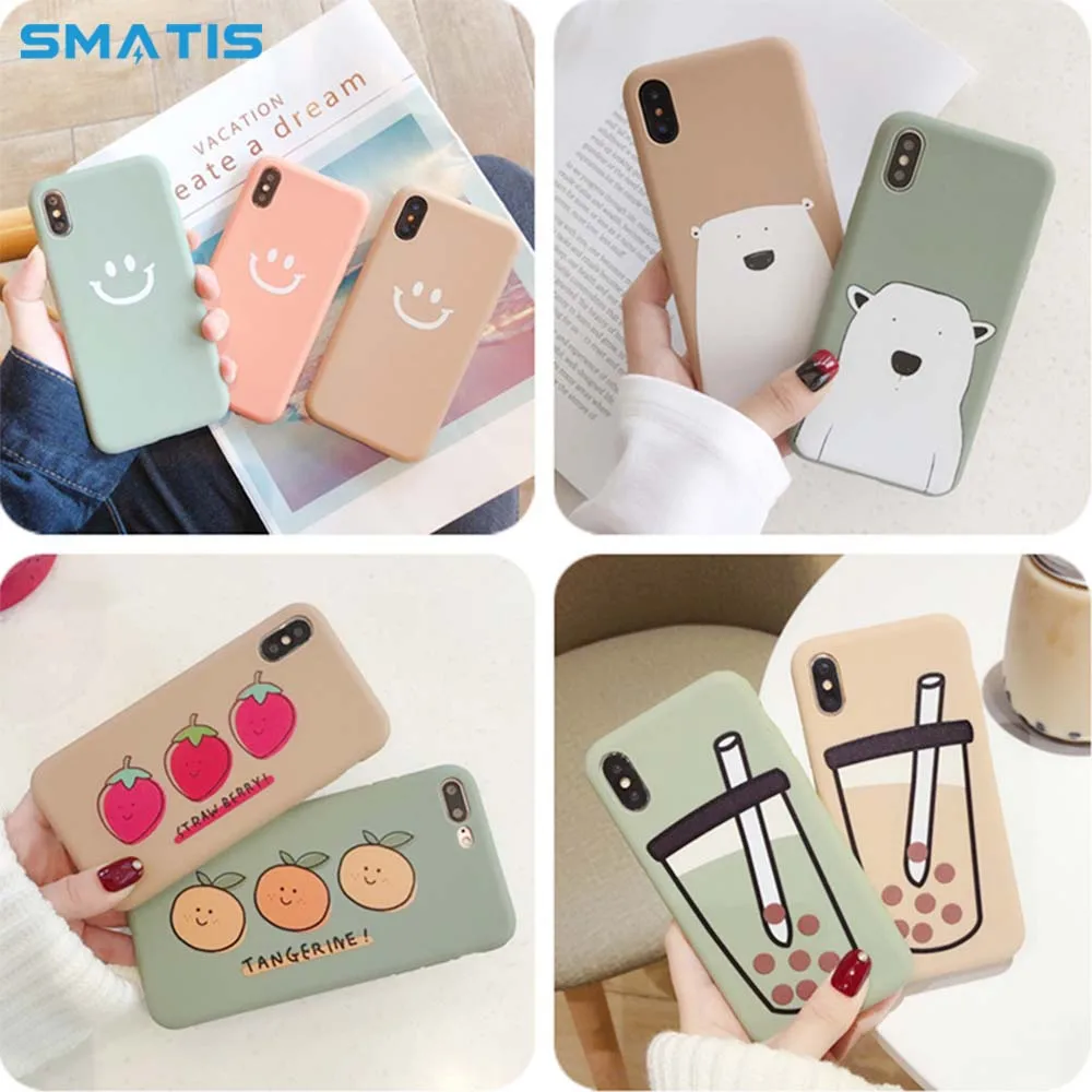 

Candy Color Phone Case for iPhone XR XS MAX X 7 8 6 6S Plus Soft TPU Silicone Case Smiling Face Cover Cute Bear Orange Back Case