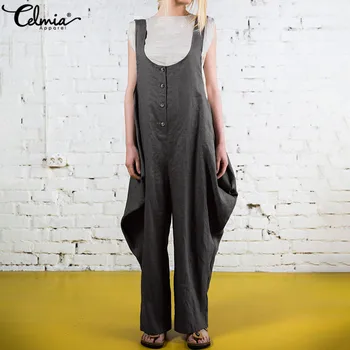 

Celmia Vintage Long Jumpsuits Women's Overalls 2020 Summer Sleeveless Romper Casual Baggy Buttons Harem Pants Plus Size Dungaree