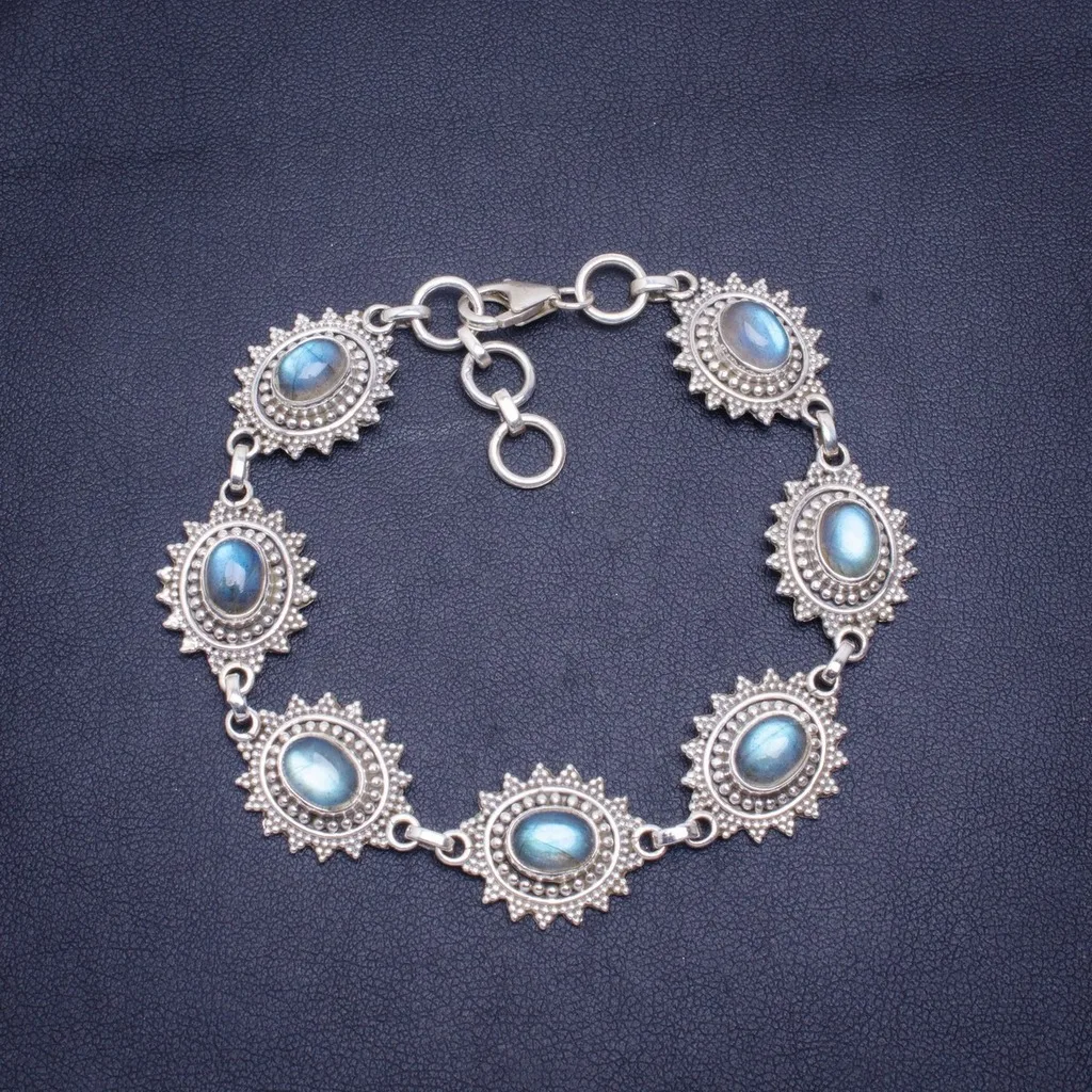 

Natural Blue Fire Labradorite Handmade Unique 925 Sterling Silver Bracelet 7.25-8.25" A3059