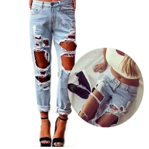 

Ladies Casual Slim Skinny Hole Pants 2019 New Women Faded Ripped Cool Denim Jean Trousers Wholesale