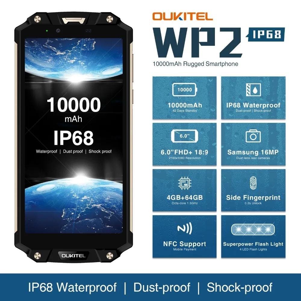 OUKITEL WP2 10000 мАч IP68 водонепроницаемый ударопрочный мобильный телефон Android 8,0 4 Гб+ 64 Гб Восьмиядерный 4G смартфон 16MP NFC сотовые телефоны