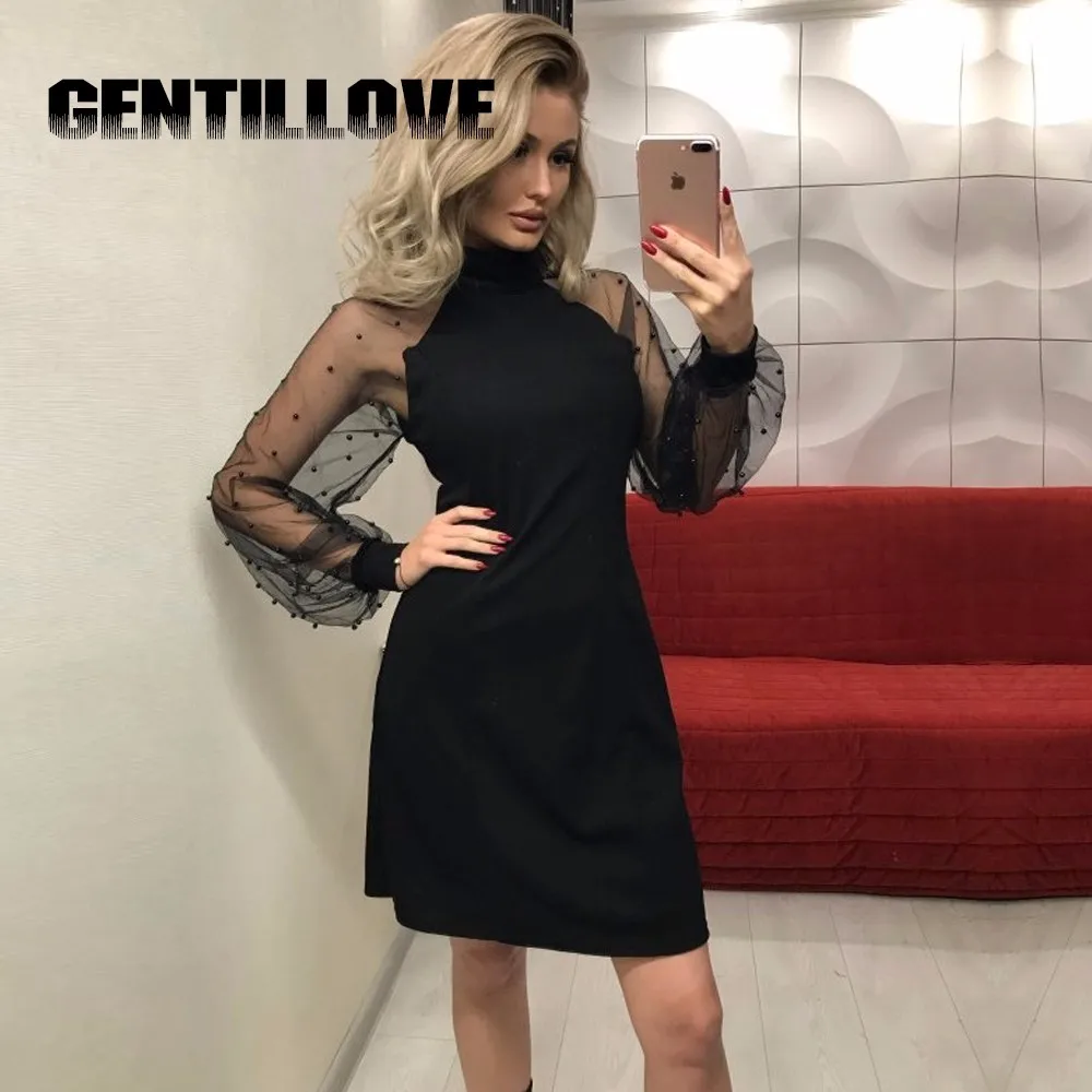 

Gentillove Women Spring Autumn Mini Dress Sexy Mesh Long Sleeve Beading Loose Dress Casual Solid Lace Patchwork Party Dress