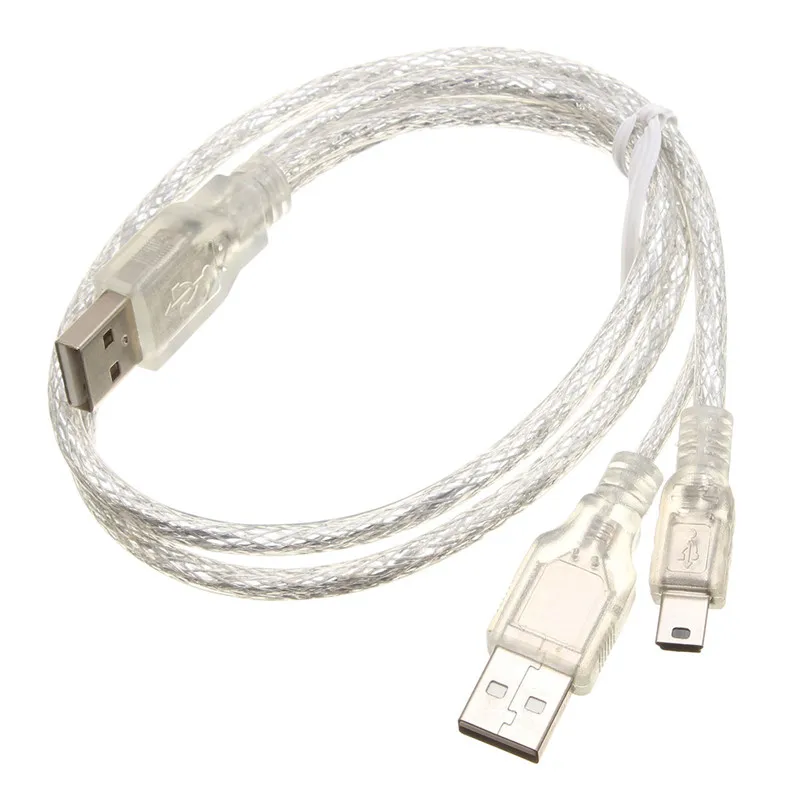 

Transparent USB 2.0 Dual Double Type A Male to Mini B 5pin Male Y Spliter Cable Charging Cable for 2.55'' Hard Disk Drive HDD