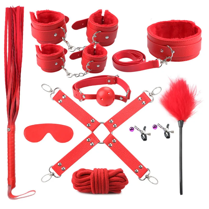 Cena 10 sztuk zestaw Sexy bielizna PU Leather Sex kajdanki bdsm Bondage zestaw Footcuff gag Whip Rope Blindfold erotyczne zabawki erotyczne dla dorosłych