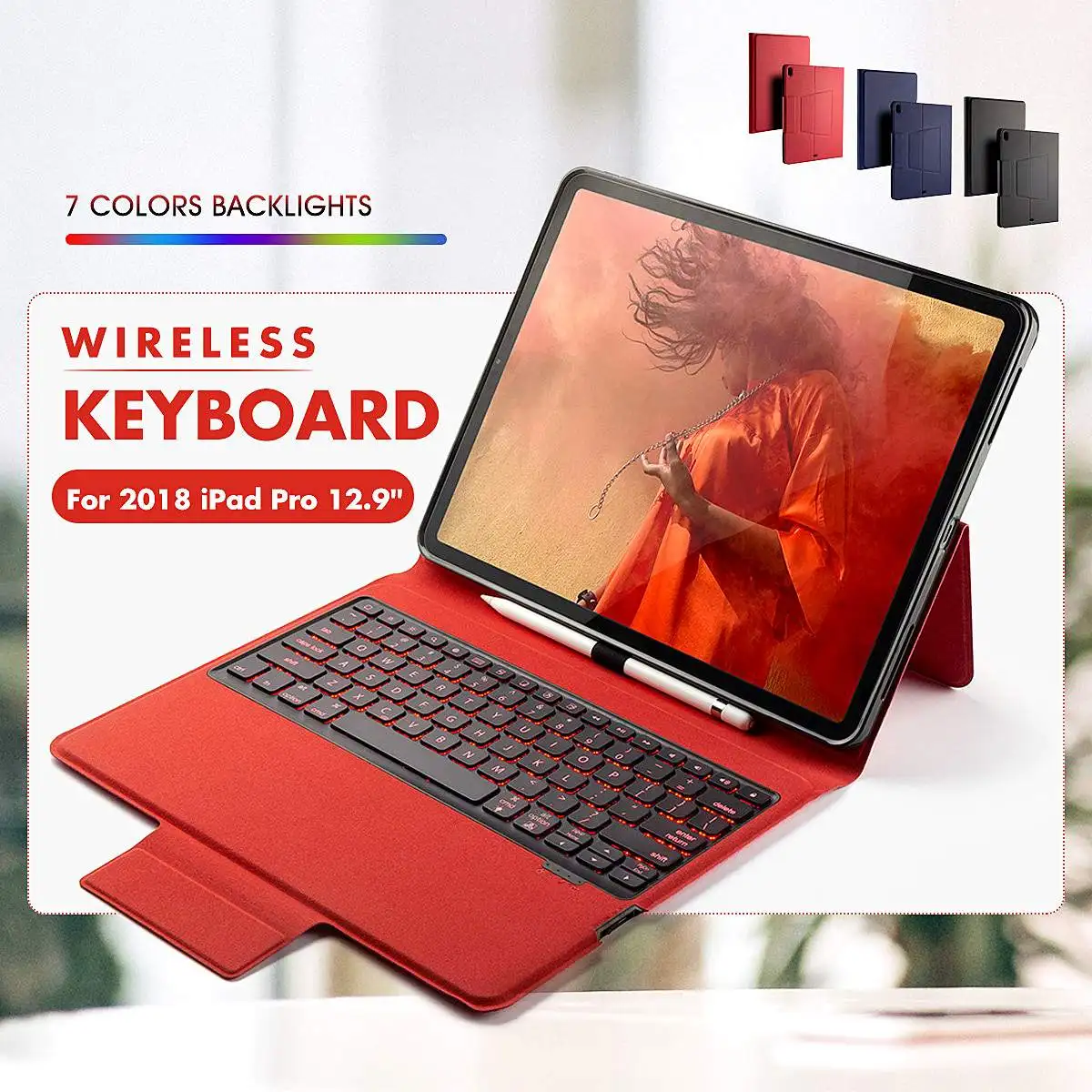 

Portable Mini Wireless Bluetooth Keyboard Tablet Protection Cover For iPad Pro 12.9" 2018 Foldable Light Backlit Keyboard Case