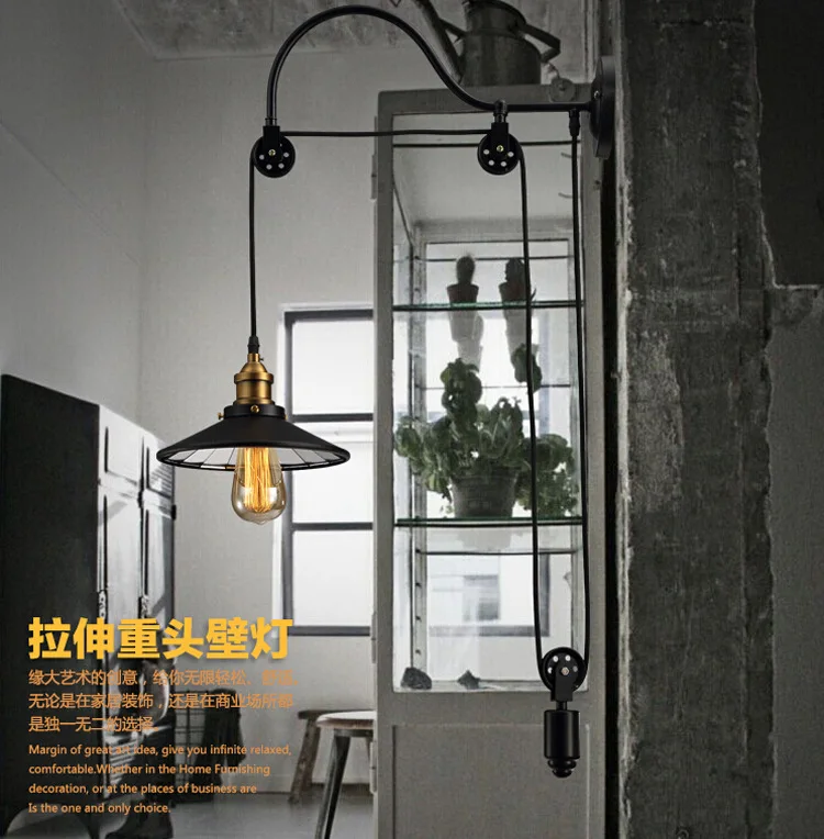 

Loft Retro American Iron Pulley Wall Lamp Antique Lifting Dining Room Bedroom Wall Lights Lamparas Home Lighting Fixture