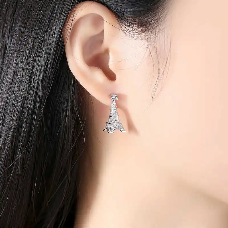 

HPXmas Fashion Tower shape plated white gold alloy boutique Crystal Stud Earrings Women Statement wedding jewelry Gift