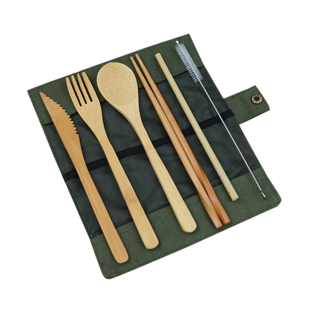 Portable 7 Piece Japanese Wooden Cutlery Set Bamboo Cutlery Straw