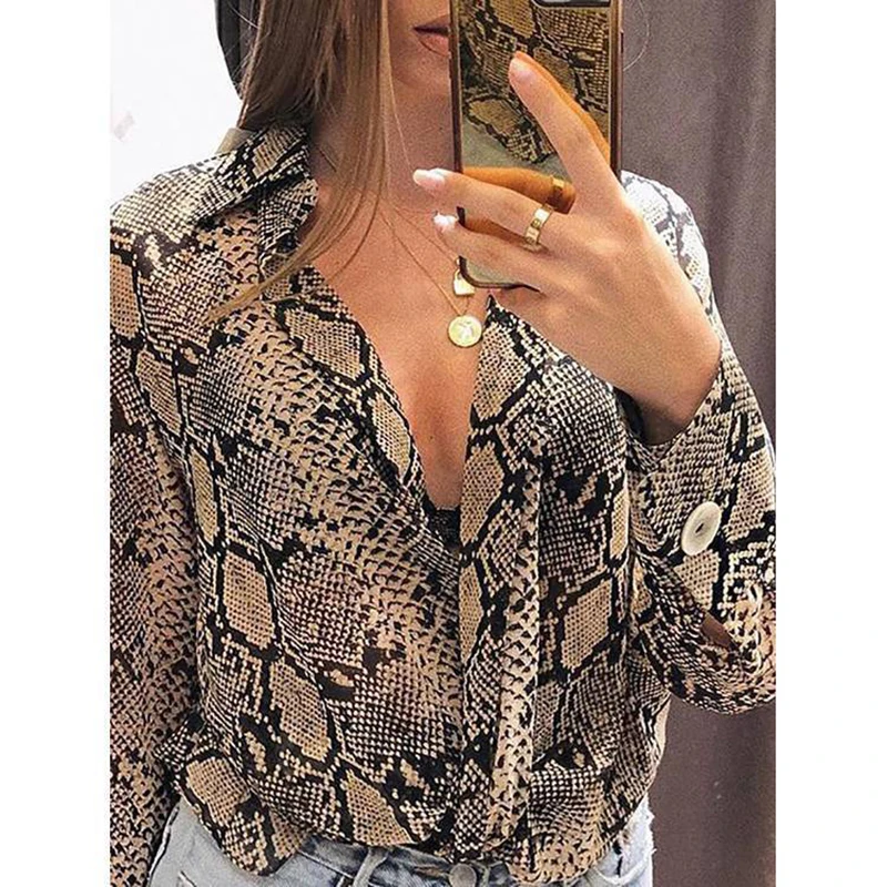 

S-XL Sexy Women Shirt Collar V-Neck Snake Print Pattern Shirt Spring Autumn Women's Party Clothes Lady Long Sleeve Mujer Blouse