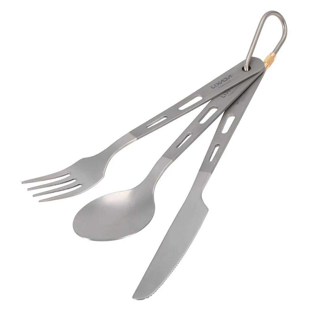 

3pcs Titanium Outdoor Tableware Spoon Fork Cutter Set Camping Titanium Cutlery Picnic Cutlery Spoon Cutter Fork with Carabiner