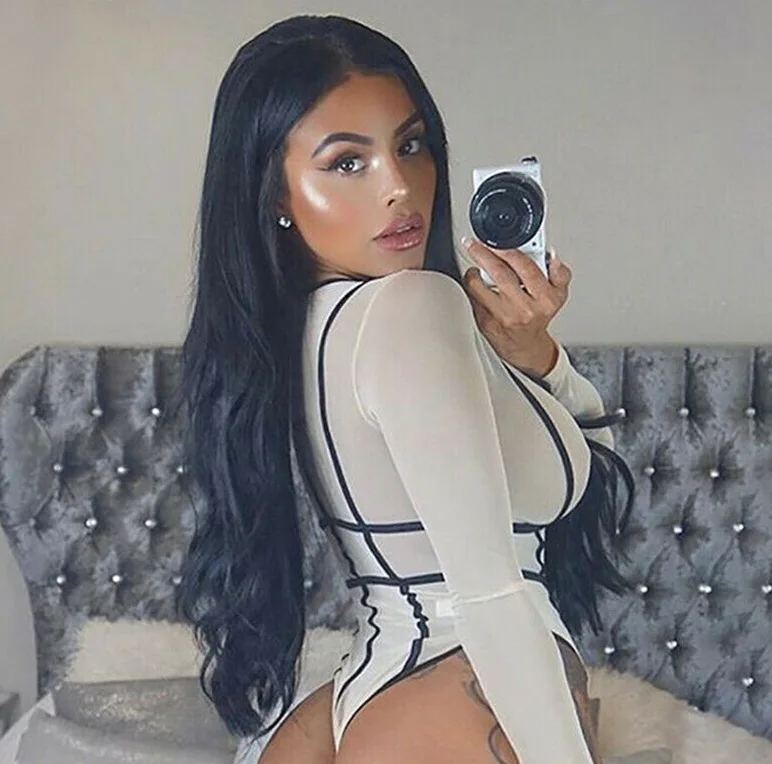 Hirigin مثير المرأة الأبيض بقماش شفاف الدانتيل مخطط طباعة بذلة طويلة الأكمام أعلى ارتداءها