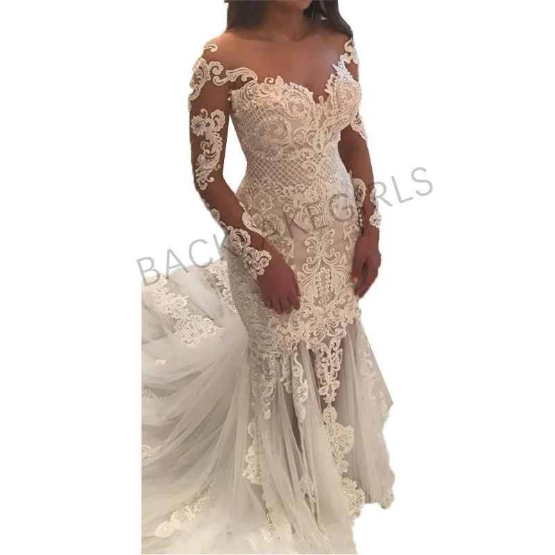 

2018 Vintage Lace Mermaid Wedding Dress Turkey Vestido de Novia Pearl Lace Sheer Bridal Gowns Robe mariee Sexy Wedding Dresses