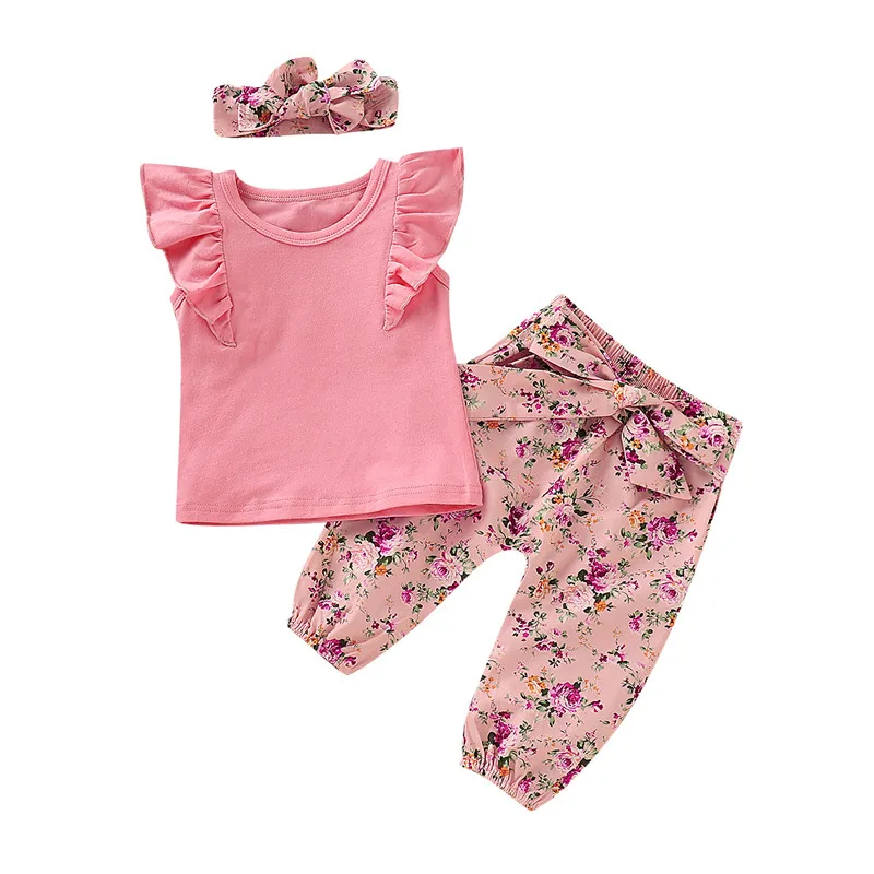 

2019 0-24M Baby Girl Kids Summer Toddler Outfits Clothes T-shirt Tops+Floral Pants Headband 3PCS Set