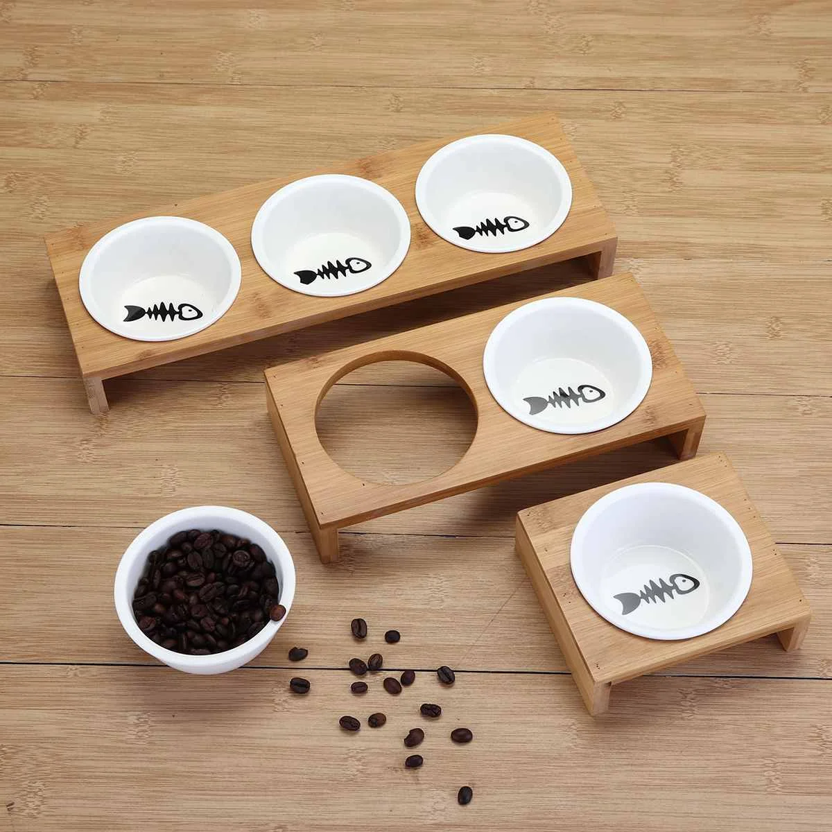 

Cat Dog Feeders Bowl Ceramic Tableware 1/2/3 Bowls Pet Food Water Bowl Bamboo Frame Antiskid Pet Supplies Dog Cat Feeding Bowl