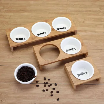 

Cat Dog Feeders Bowl Ceramic Tableware 1/2/3 Bowls Pet Food Water Bowl Bamboo Frame Antiskid Pet Supplies Dog Cat Feeding Bowl