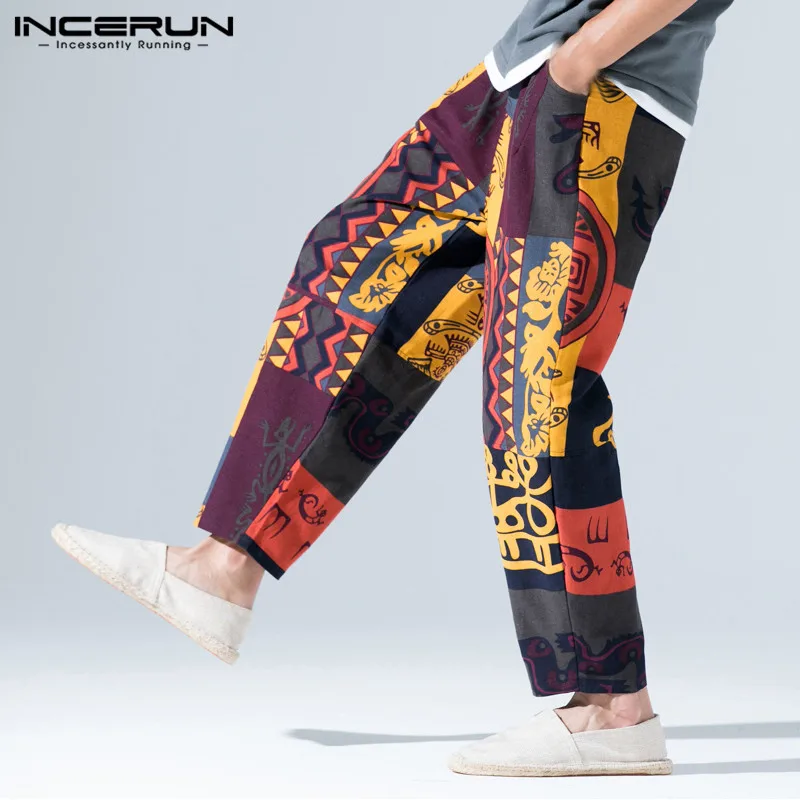 INCERUN Vintage Print Männer Casual Hosen Baumwolle Elastische Taille Jogger Lose Hosen Männer Streetwear Chinesischen Stil Harem Hosen Männer