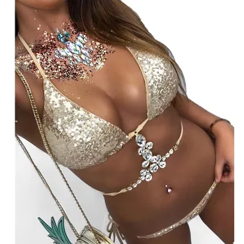 

Sexy Bra Set 2 Pieces Women Rhinestone Squine Padded Push-up Lace Up lingerie Set Summer Women Underwear Bra