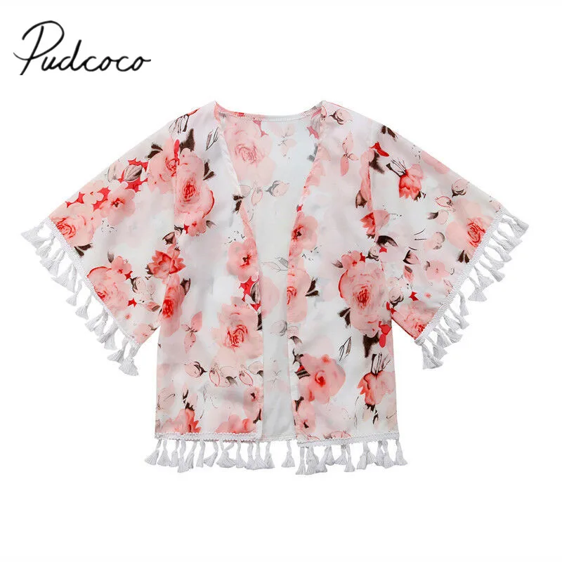 

2019 Brand New Toddler Baby Girls Flower Tassel Kimono Shawl Cardigan Tops Outfits Clothes Summer Outwear Swim Cover Up 2-6T