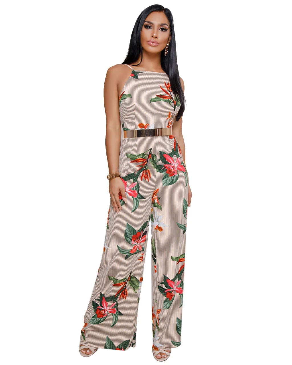 

Women's Pants Floral Stripe Pattern Casual Wide Leg Pants