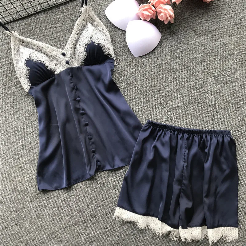 

2019 Pajamas For Women Two Piece Set Female Sleepwear Silk Pyjamas Sexy With Chest Pad Nightwear Summer Lace Homewear Lingerie