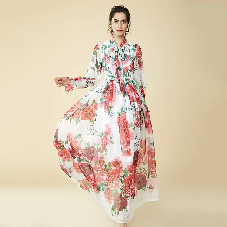 100% silk runway floral maxi dress new 2018 spring long sleeve print