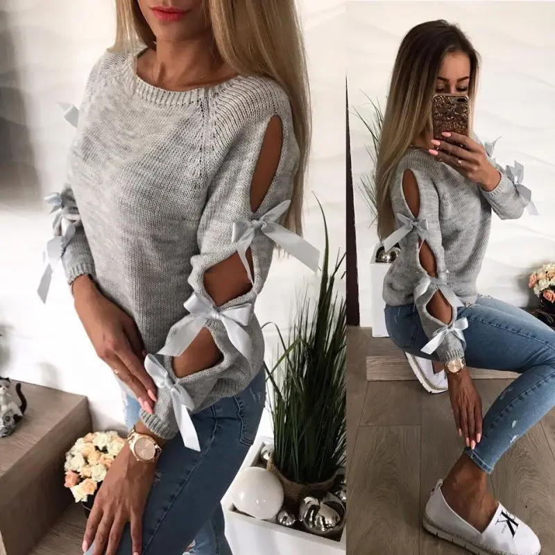 العصرية إمرأة الشتاء الصلبة طويل كم o-veck Bowknot سترة السيدات البلوز البلوز قمم\