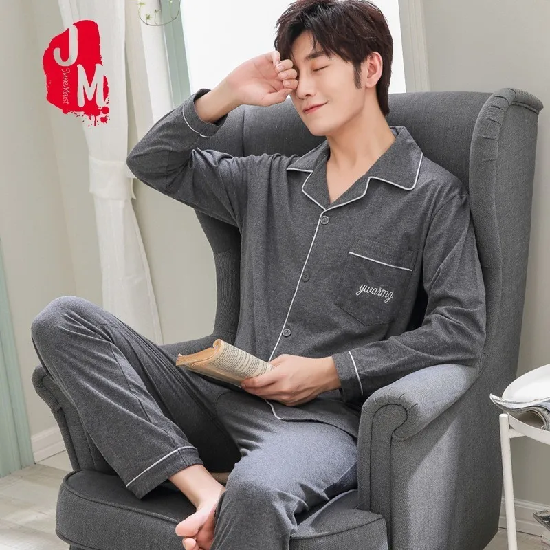

Cotton Pyjama Men Set Spring Long Sleeve Pijama Men Suit Solid Two Piece Pajama Man Autumn Turn-down Collar Pajama Male L-XXXL