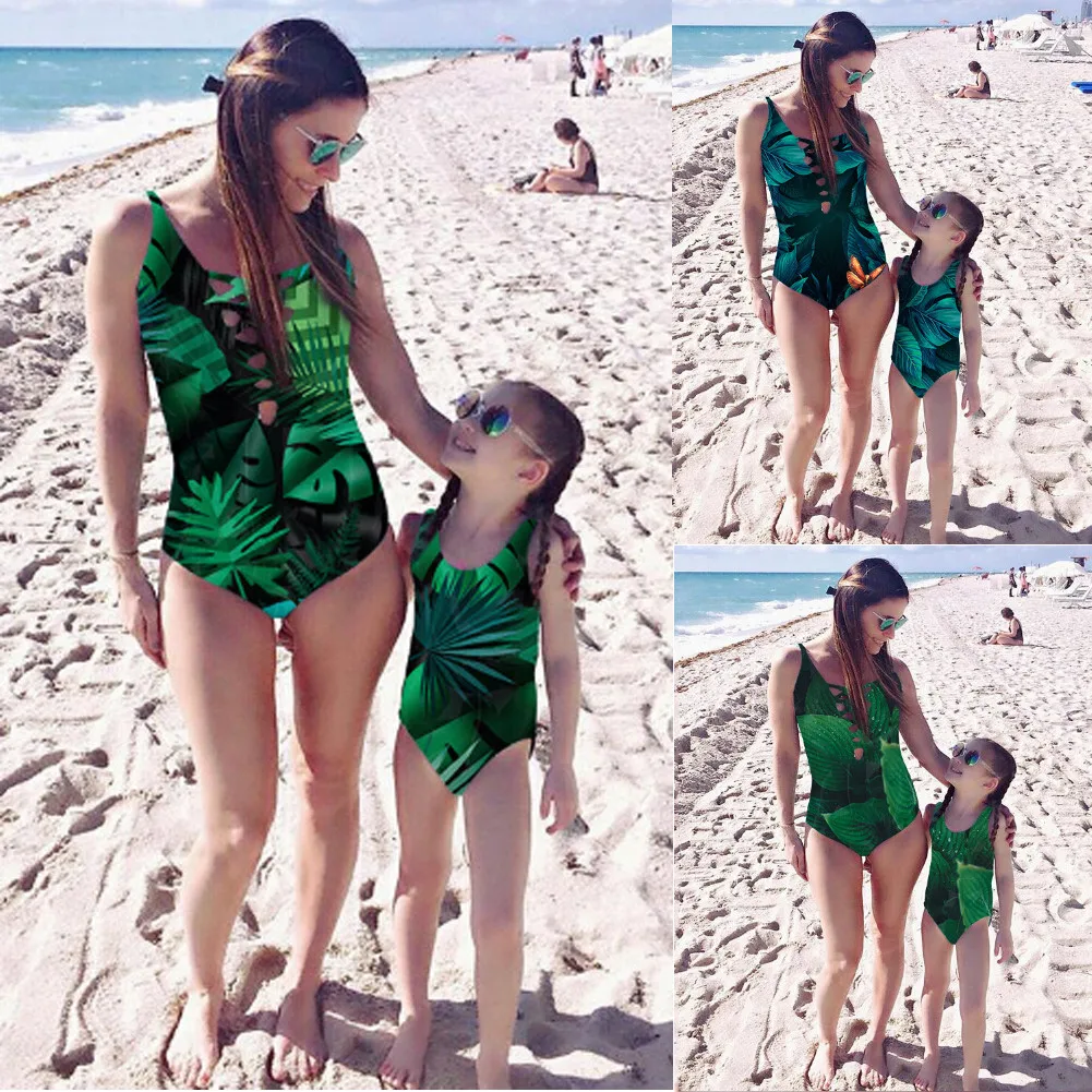 

Summer Swimming Family Matching Swimwear Women Girl’s One piece Bikini Beachwear Tropical Plant Print Elastic Green Beachwear