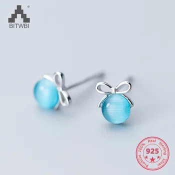 

Delicate Wholesale Japan Korea Style 925 Sterling Silver Fashion Cute Sweet Blue Opal Crystal Bowknot Stud Earring Women Jewelry