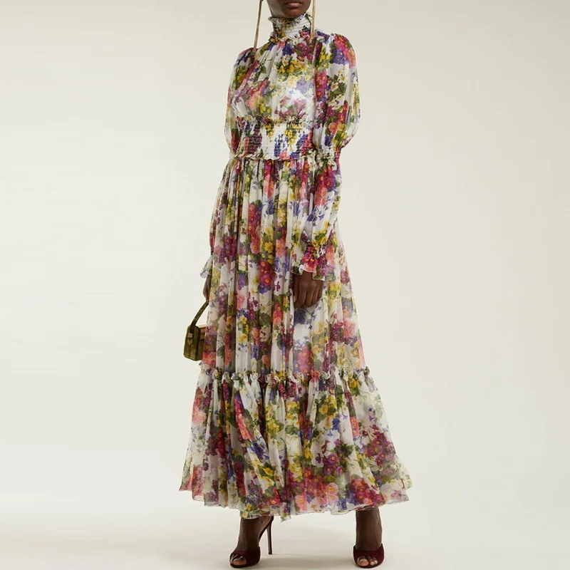 

European Runway Dress 2019 Spring Women Elegant Ruffles Long Sleeve Floral Printed Chiffon Silk Long Dress Bohemian Beach Dress