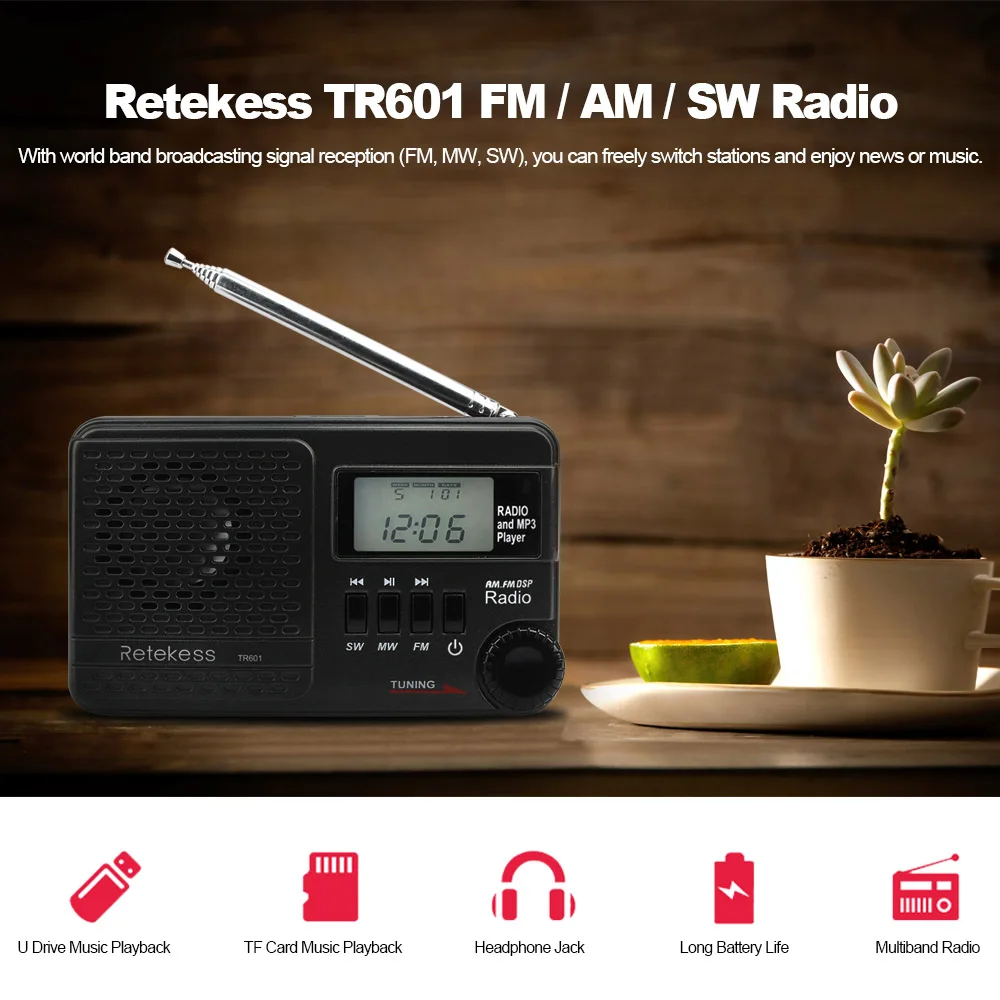 Retekess TR601 цифровой стерео радио FM/AM/SW радио многополосный приемник w/MP3 колонки наушники Выход Время антенна дисплея радио