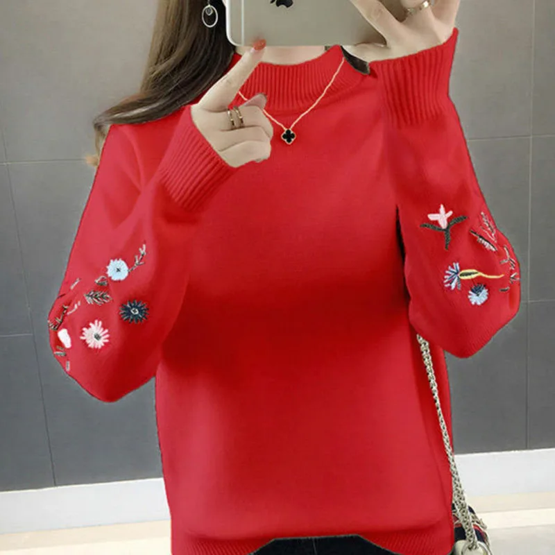 PEONFLY пуловеры для женщин водолазка вязаный джемпер одежда женский корейский стиль вышивка цветок Свободный Повседневный свитер топы уличные