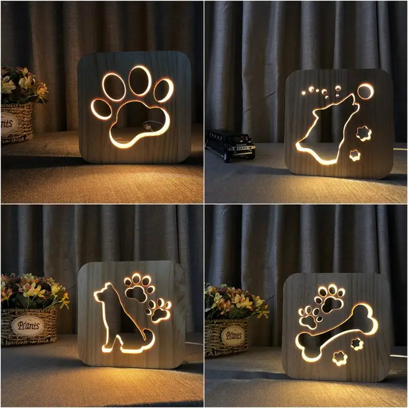 Kaigelin деревянная собачья лапа волчья голова лампа детская спальня гостиная украшение теплый свет светодиодный USB ночник для детей подарок