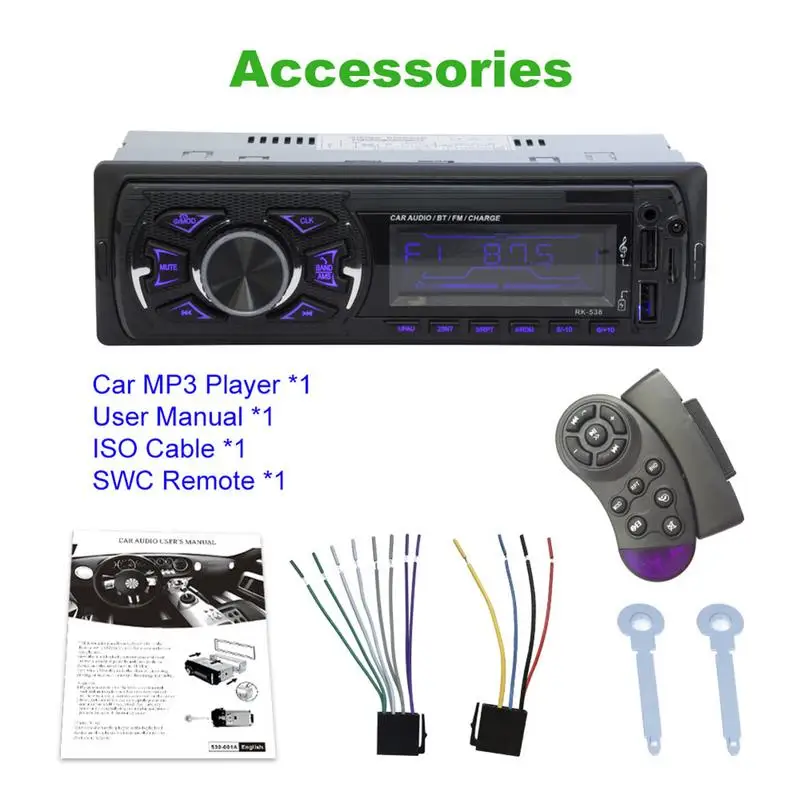  Cargador de RK-538 dos USB coche Radio FM 12V Panel frontal fijo coche Audio MP3 WMA reproductor Bl