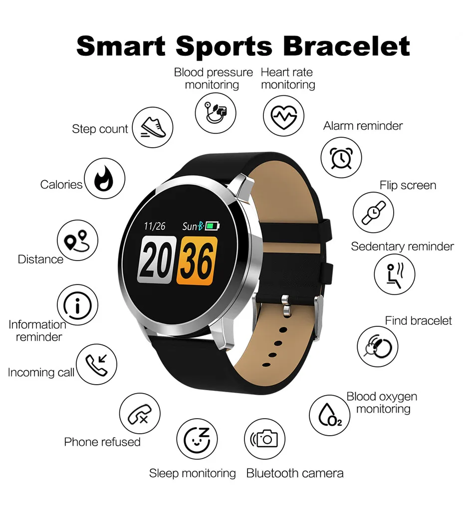 

Q8 Smart Watch Men Touch Screen Sport Smart Bracelet Heart Rate Monitor Bluetooth Camera Women Smart Watches for IOS/Android