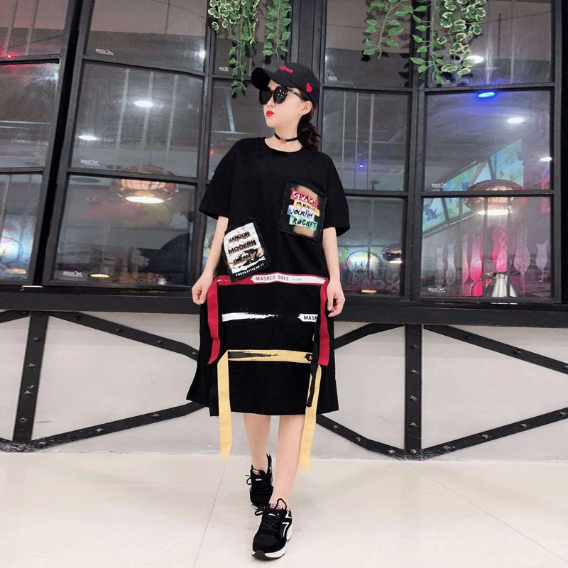 Kopen 4XL Plus Size Vrouwen Streetwear Jurk Zomer 2019 Mode Afdrukken Patch Patchwork Lint Korte Mouw Katoen Lange T shirt Jurken