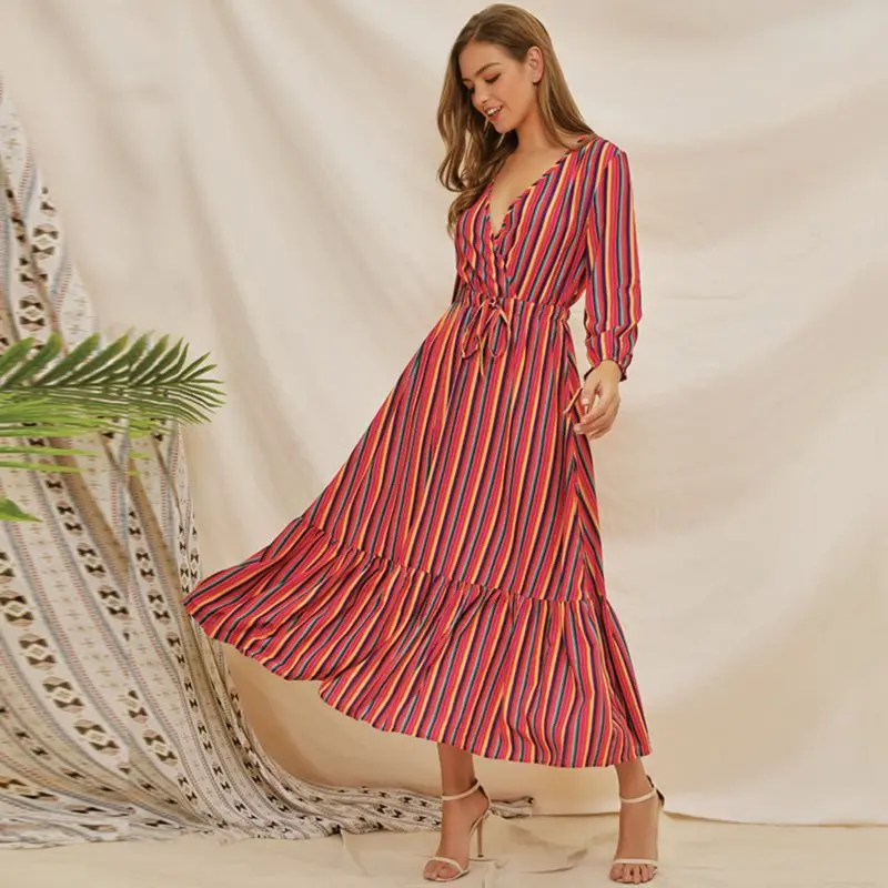 

Summer Red Sweet Elegant Party Women Long Dresses Casual Boho Vintage Beach Travel Sexy Stripe Pleated Female Fashion Dress