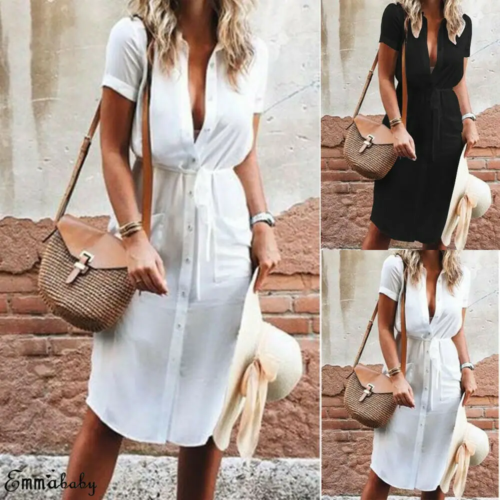 

New Sexy Womens Summer Short Sleeve Button Ladies Casual Loose Party Dress Plus Size