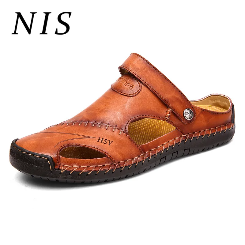 

NIS Large Size 39-48 Men Slippers Double Ways To Wear PU Leather Summer Beach Shoes For Man Slides Slippers Casual Men Shoes New