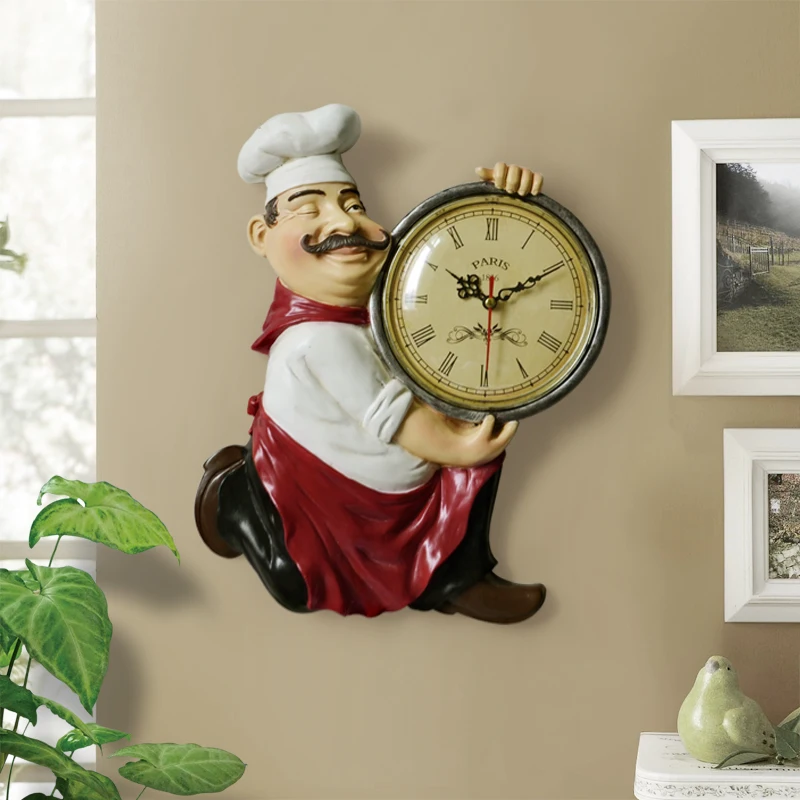 Reloj de pared Vintage decoración del hogar resina Chef estatua reloj silencio cuarzo reloj para sala de estar cocina pared decoración reloj colgante Reloj de pared Vintage decoración del hogar resina Chef estatua reloj silencio cuarzo reloj para sala de estar cocina pared decoración reloj colgante