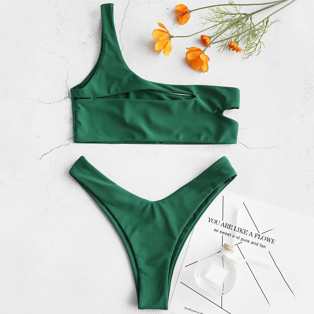 

ZAFUL One Shoulder Cutout High Leg Bikini Set Beachwear Bathing Suit Thong Biquini Bikini Set