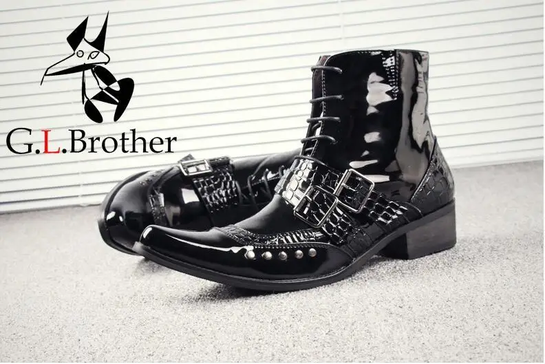 

Martin Boots Shoes Men Buckle Strap Med Heel High Top Casual Shoes Meatal Rivets Lace Up Patent Leather Black Ankle Boots